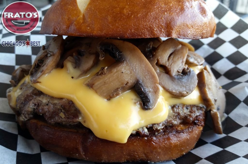 Cheesy Braised Mushroom Burger made with Frato's Bacon & Beef Patties
