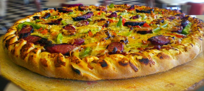 Ditka Sausage Pizza with grilled Mike Ditka sausage and sweet peppers at Frato’s in Schaumburg, IL, 2013
