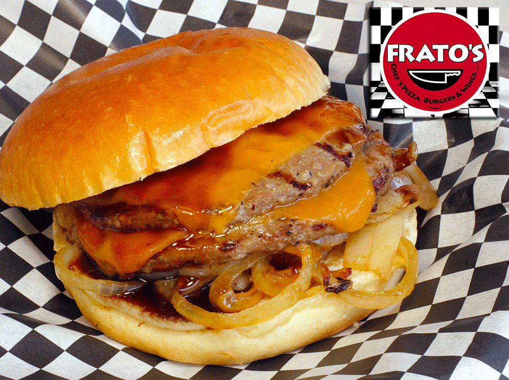 BBQ Cheddar Burger made with Frato's Bacon & Beef Burger patties!