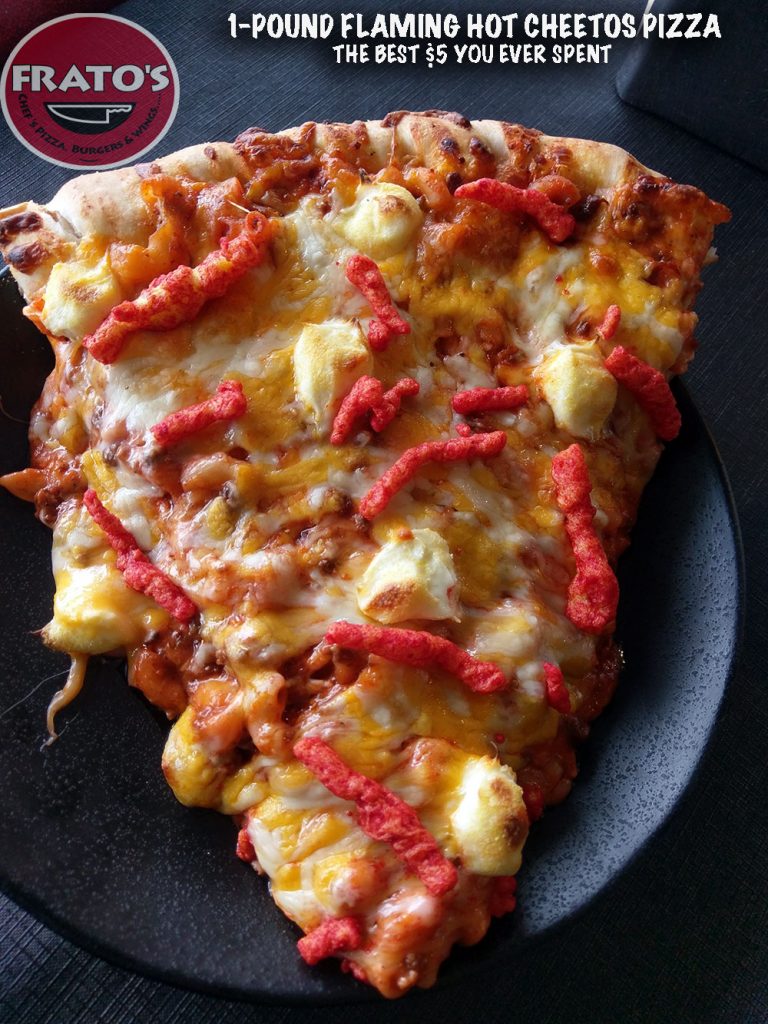 1-Pound Flaming Hot Cheetos Pizza Slice! Saturday, February 10th! 1 FLAMING HOT CHEETOS PIZZA PICTURE WEB AERIAL SHOT
