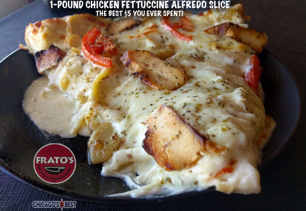1-Pound Chicken Fettuccine Alfredo Pizza Slices on Saturday, December 9th! 1 CHICKEN FETTUCCINE SLICE SIDE VIEW