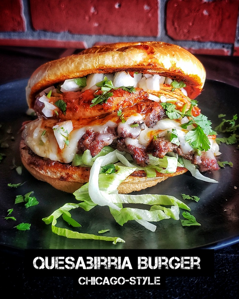 Quesabirria Burger with slow-cooked chicken birria, Monterey Jack cheese, cilantro on consommé-soaked bun