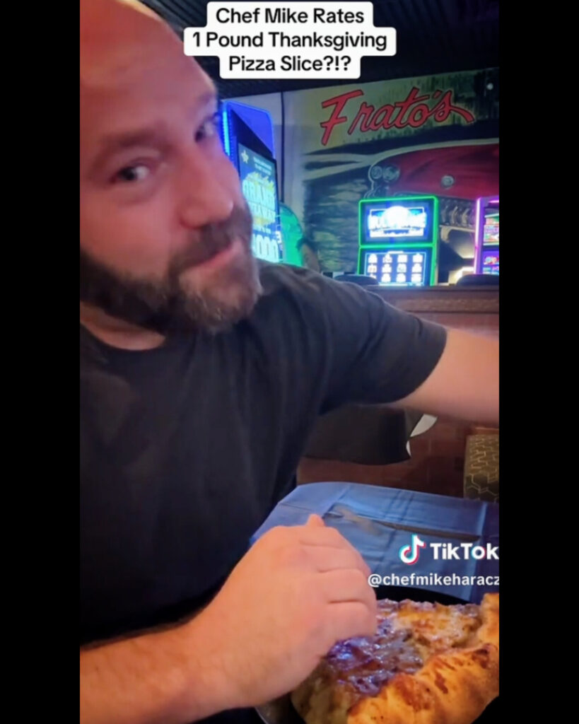 Chef Mike Haracz reviewing Thanksgiving Pizza Slice