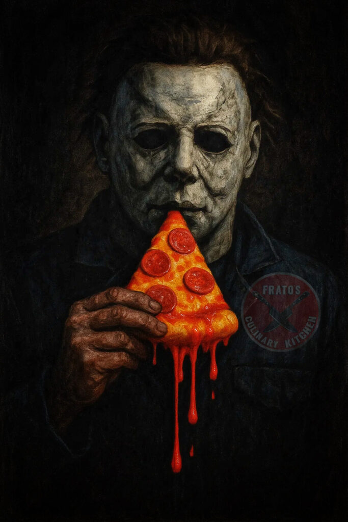 Halloween slasher mask holding a giant Frato's Kitchen pizza slice in Schaumburg for Halloween pizza deals