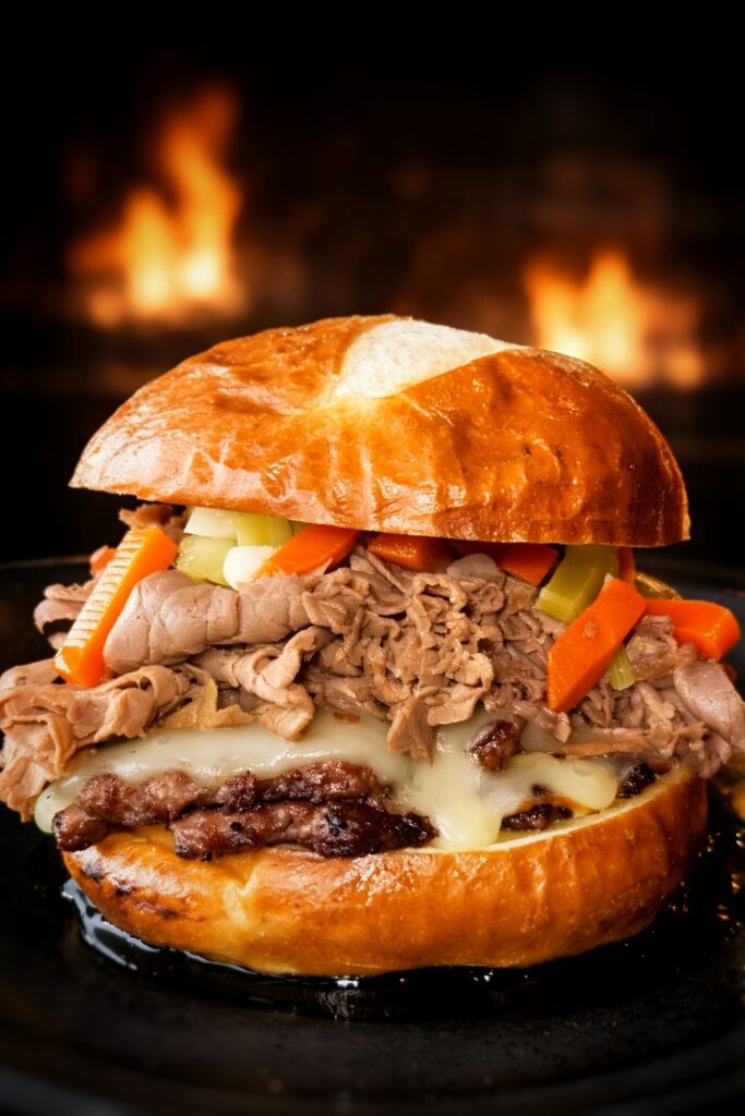 Italian Beef Smash Burger with scratch-roasted Italian beef, provolone, giardiniera on pretzel bun with au jus