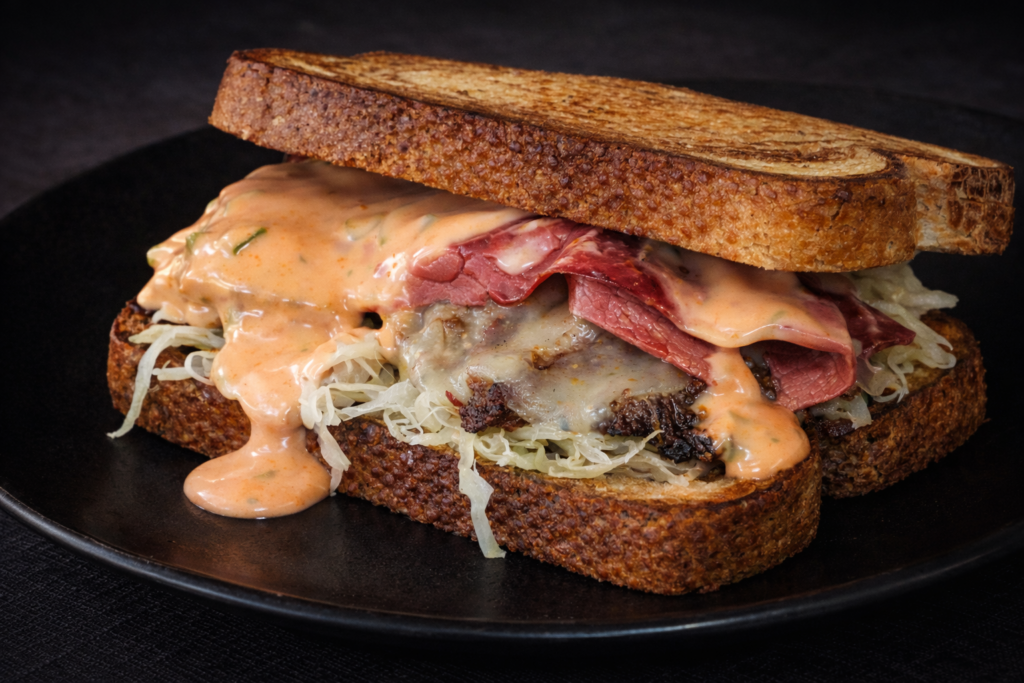 Close-up of Reuben Burger showing layers of corned beef brisket and bacon sauerkraut