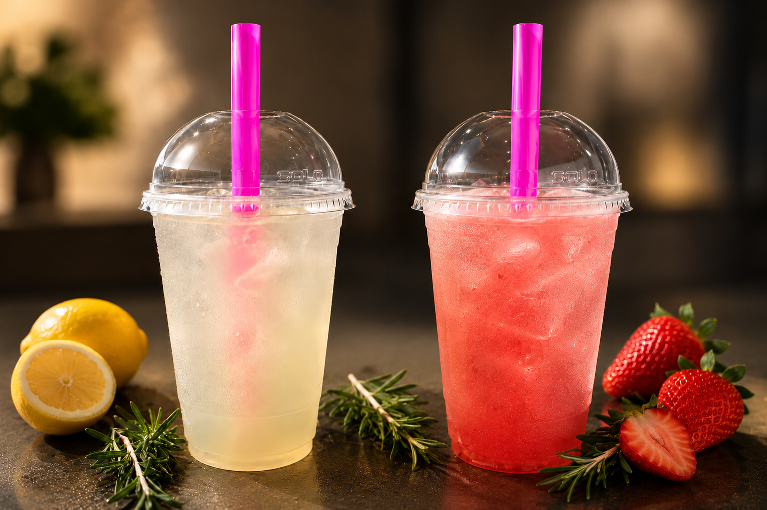 Frato's Refreshers — Rosemary Lemonade and Strawberry Lemonade with fresh lemons, strawberries, and rosemary at Frato's Culinary Kitchen in Schaumburg, IL