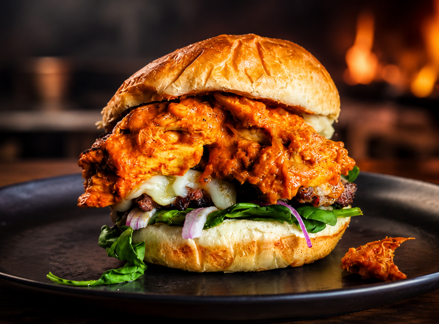 Tikka Masala Burger with tender chicken tikka in masala sauce, mozzarella, provolone, fresh red onion, and spinach on a grilled Turano bun