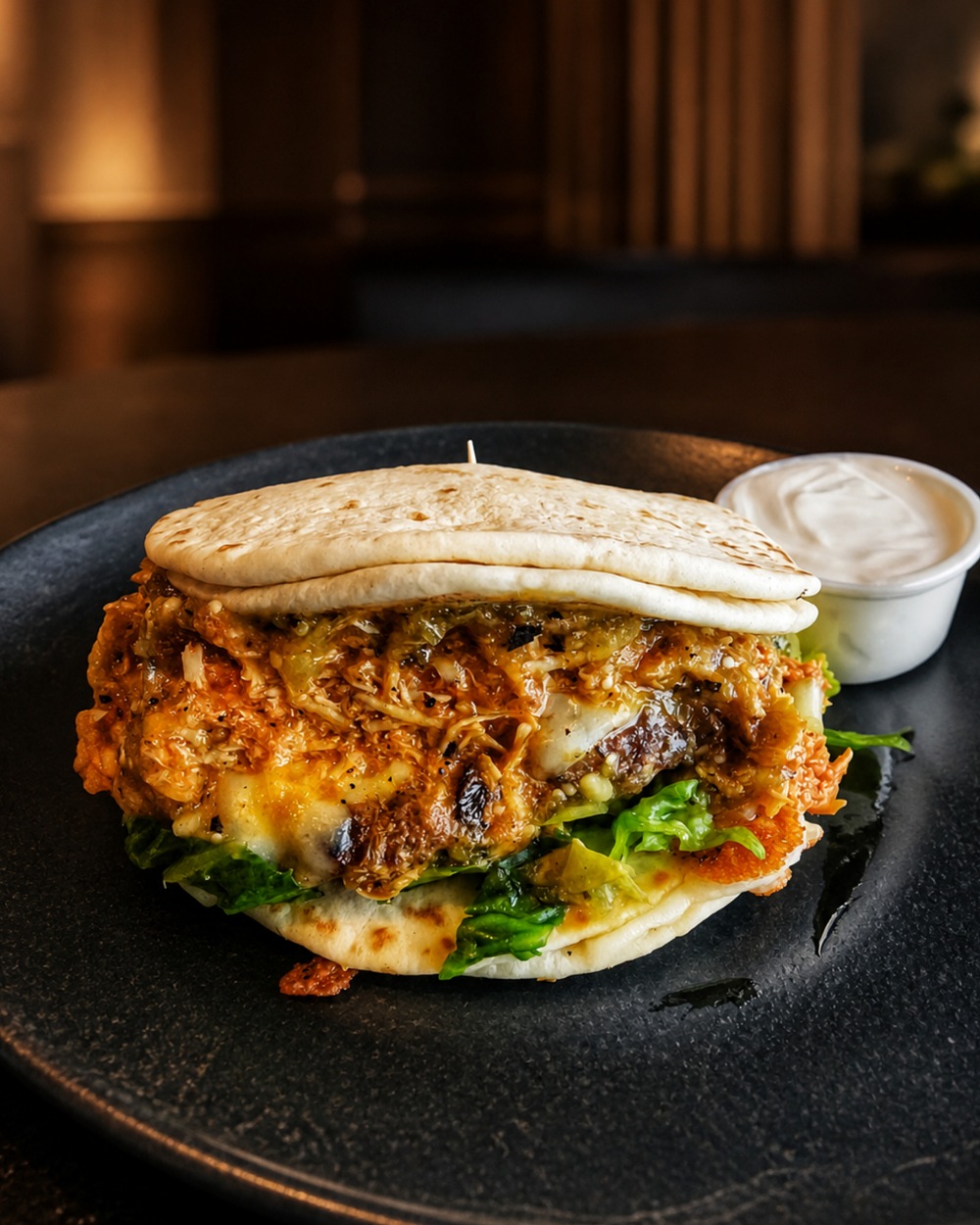 Tinga Smash Burger with chipotle chicken tinga, gooey Chihuahua cheese, lettuce, and salsa verde between two grilled quesadilla buns at Frato's in Schaumburg
