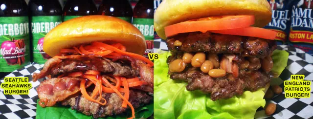 Seahawks Burger vs. Patriots Burger from Frato’s Burger of the Month in Schaumburg, IL