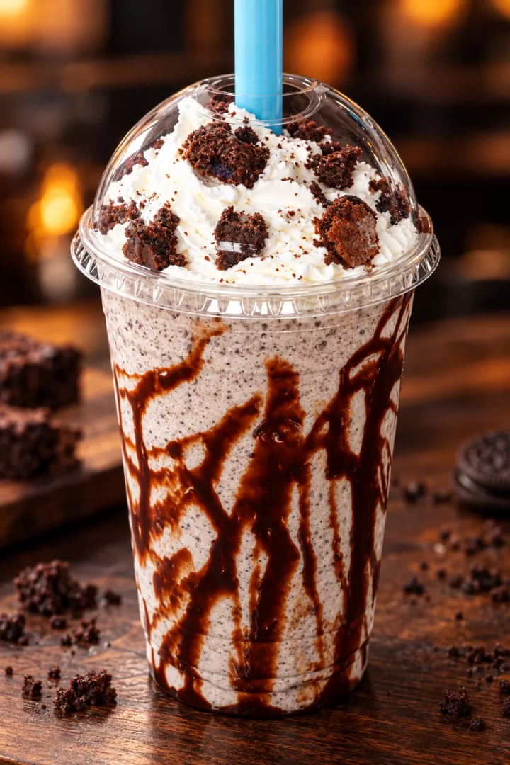 A Frato’s brownie shake topped with whipped cream and brownie pieces