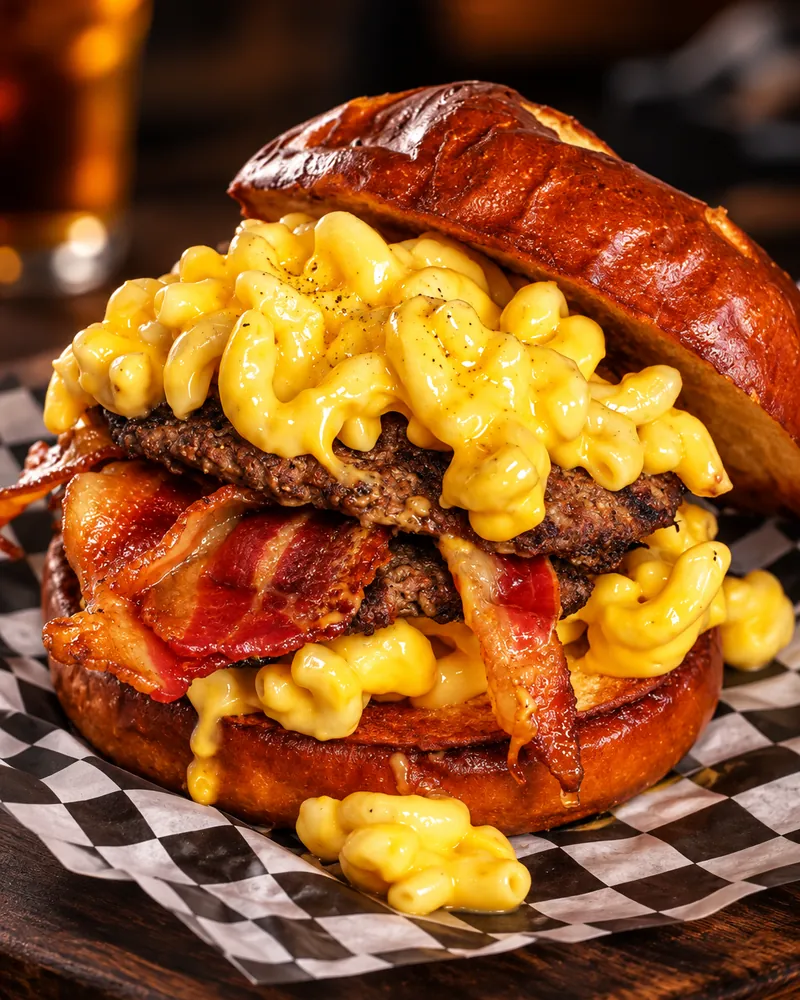 Bacon Mac & Cheese Burger with bacon and mac & cheese