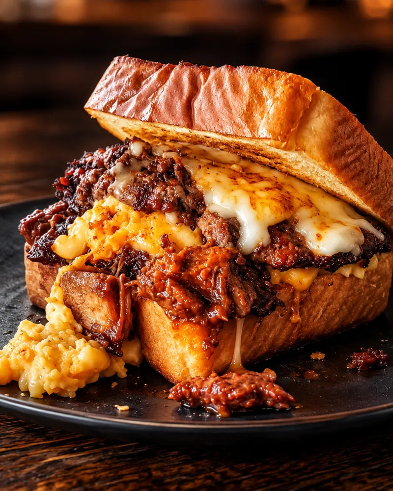 I’m Fat Burger with pulled pork and mac & cheese on Texas toast