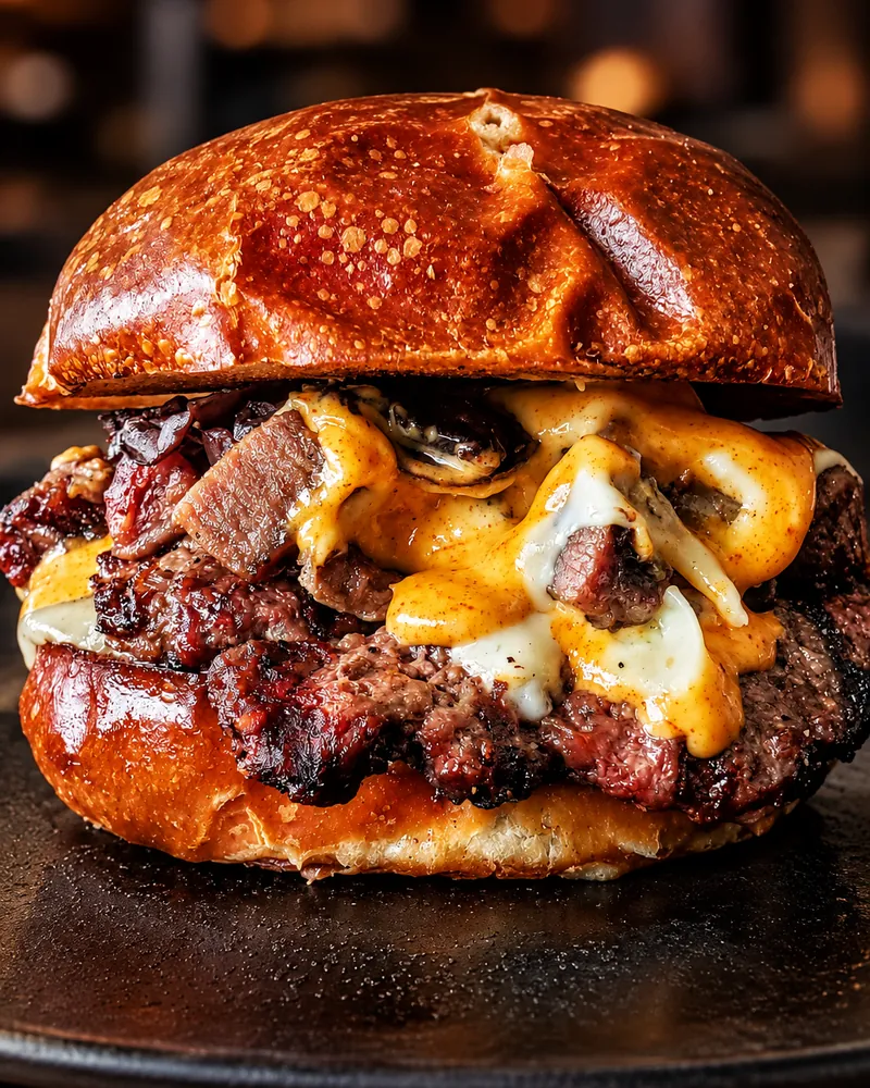 Chicago Smoked Prime Rib Steak Burger on a pretzel bun