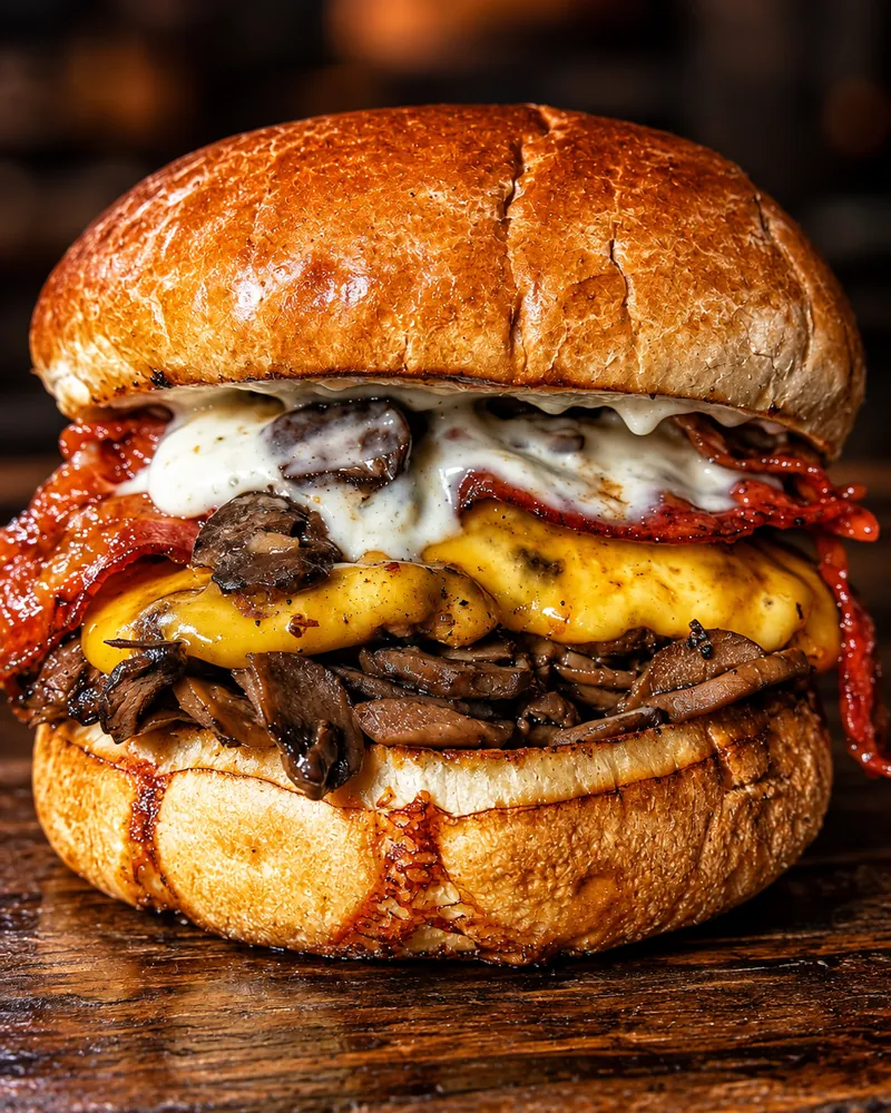 Whiskey Burger with whiskey-glazed bacon, cheddar and braised mushrooms