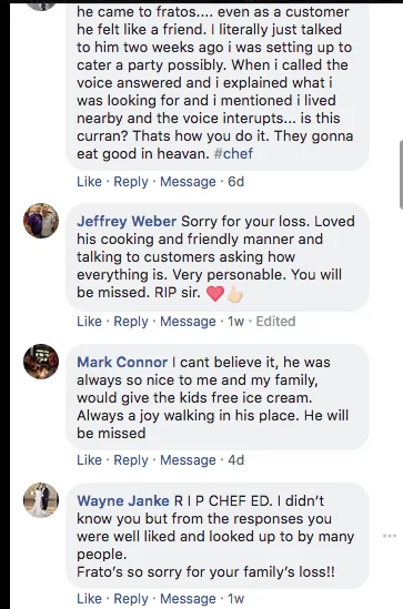 Facebook comments remembering Chef Ed Musto, September 2018