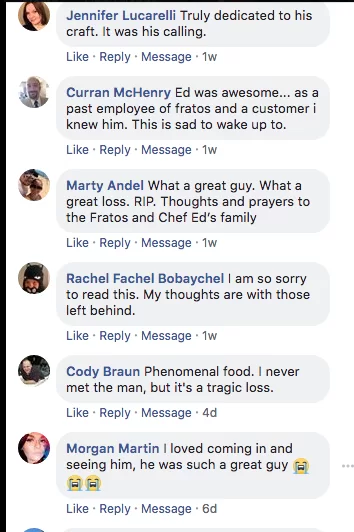 Facebook comments remembering Chef Ed Musto, September 2018