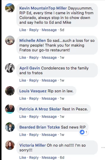 Facebook comments remembering Chef Ed Musto, September 2018