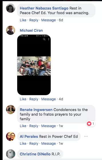 Facebook comments remembering Chef Ed Musto, September 2018