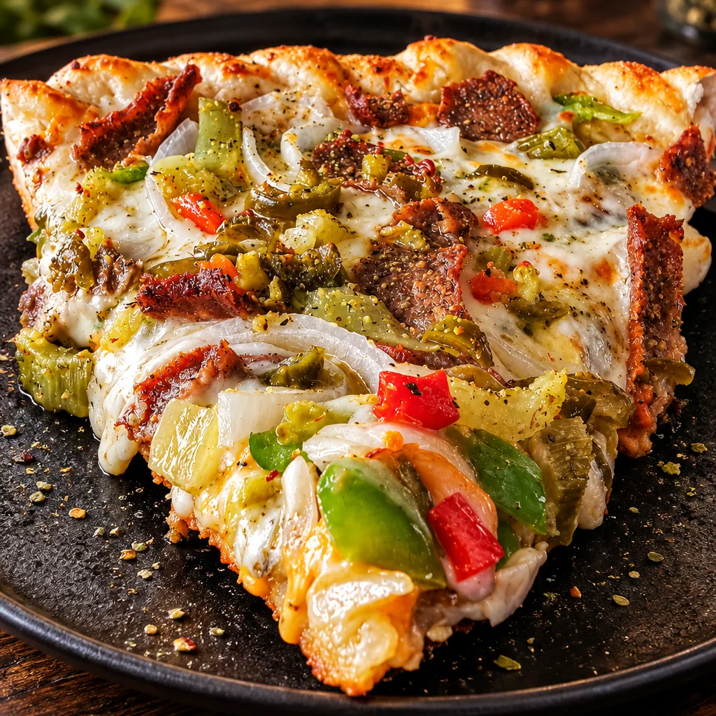 Slice of Frato’s Chicago-Style Gyro Pizza with beef and lamb gyro, peppers, onion and hot giardiniera