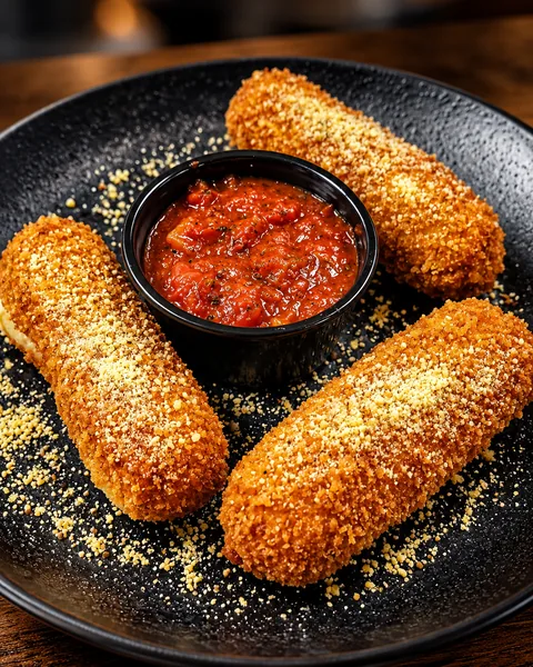 Three of Frato’s handmade mozzarella sticks with marinara