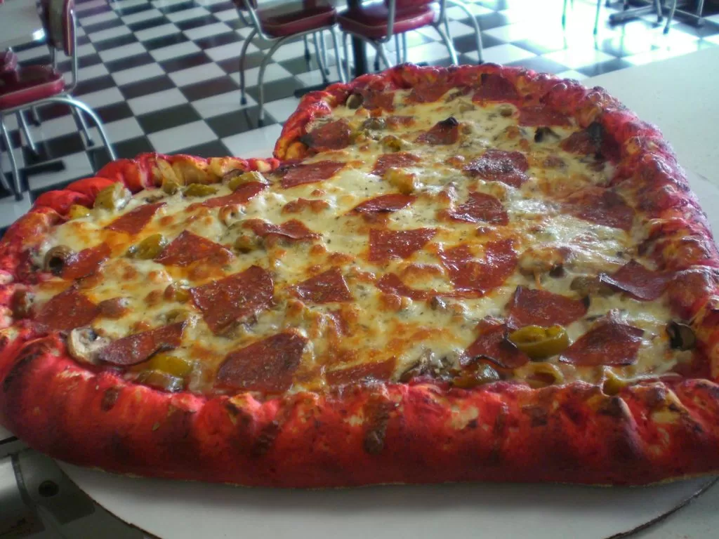 Frato’s heart-shaped pizza with red crust, pepperoni and mushrooms in Schaumburg, IL