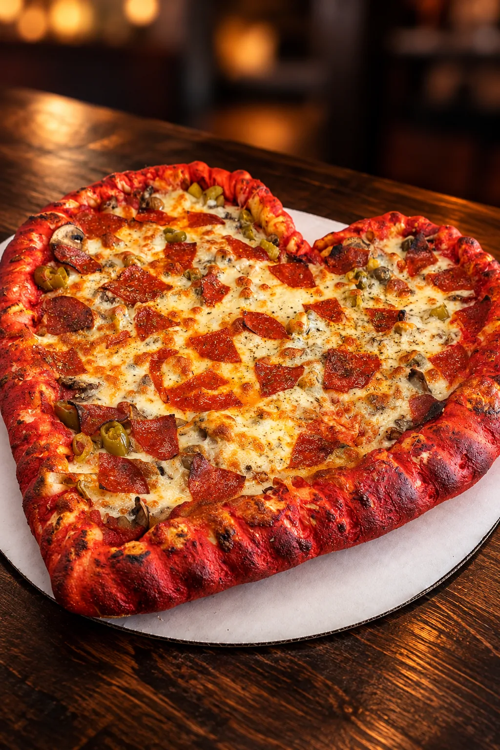 Thick-crust heart-shaped pizza with pepperoni, mushrooms and peppers on a wood table at Frato’s in Schaumburg, IL