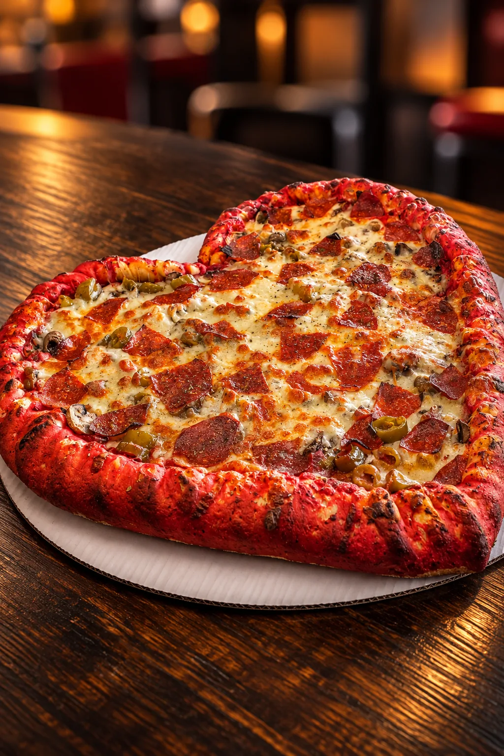 Frato’s 16-inch thick-crust heart-shaped pizza with red crust, pepperoni, mushrooms and peppers in Schaumburg, IL