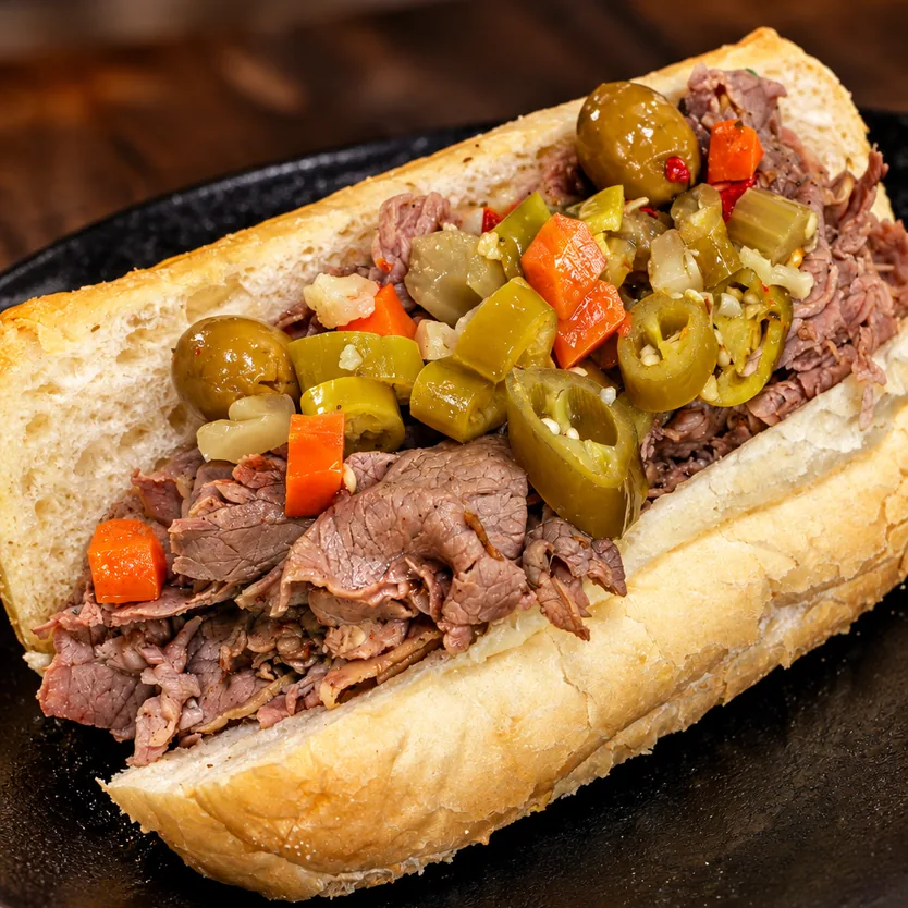 Frato’s Premium Italian beef sandwich with hot giardiniera on Turano bread in Schaumburg, IL