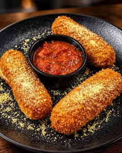 Three huge handmade mozzarella sticks with marinara at Frato’s in Schaumburg