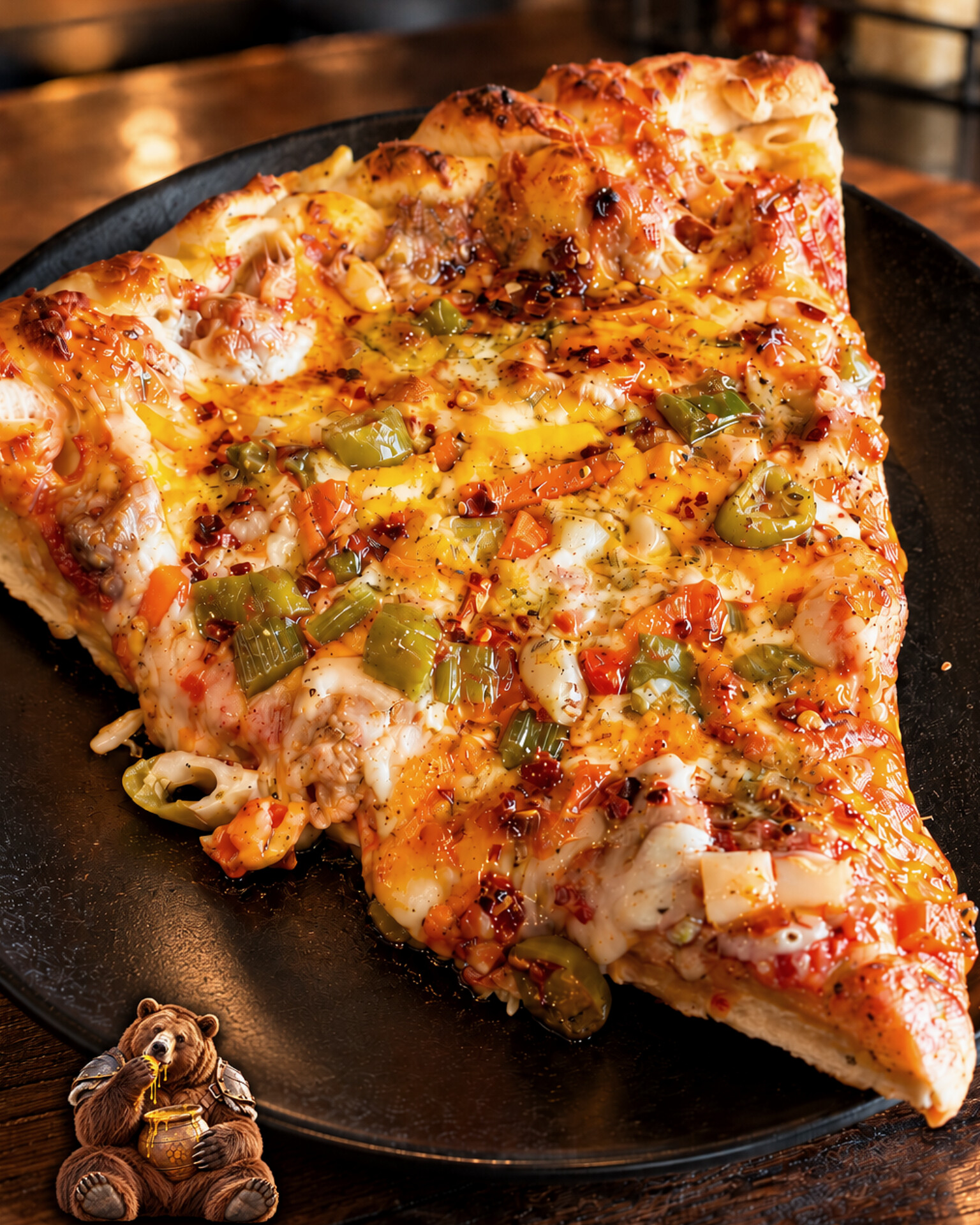 One-pound Chicago Bears Hot Honey Pizza slice on a black plate at Frato's in Schaumburg, IL