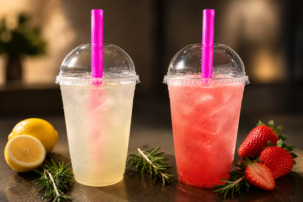 Frato’s Rosemary Lemonade and Strawberry Lemonade Refreshers with fresh lemons, rosemary and strawberries