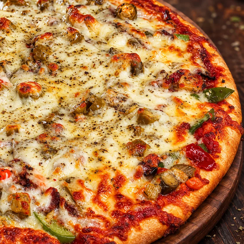 Frato’s award-winning Chicago-Style Italian Beef specialty pizza with hot giardiniera