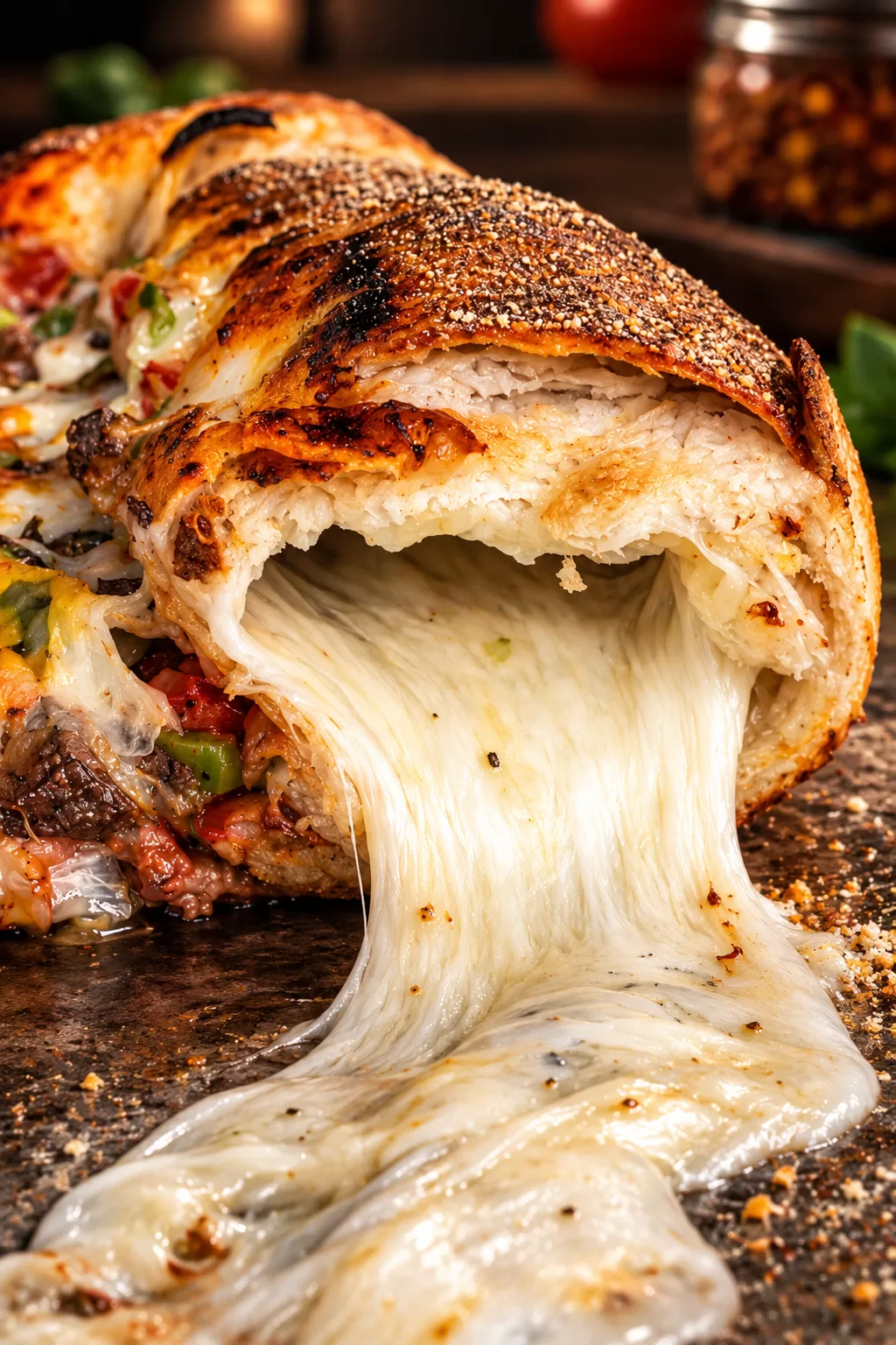 Frato’s stuffed crust pizza torn open with real mozzarella stretching out of the crust