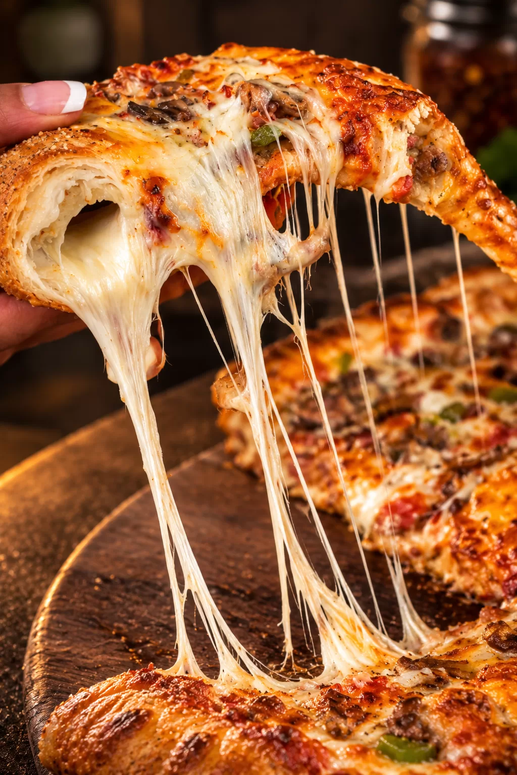 A slice of Frato’s stuffed crust pizza lifted from the pie with long strands of melted cheese
