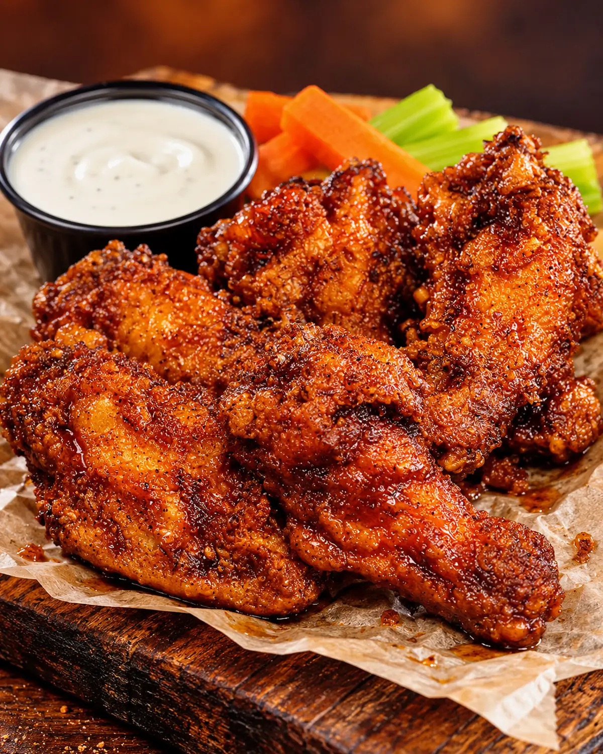 Frato’s award-winning Whiskey BBQ chicken wings with carrots and celery in Schaumburg, IL
